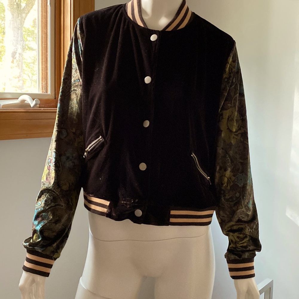 Adorable POL Brown Velvet Bomber Baseball Jacket with Floral velvet sleeves